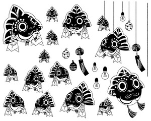 金魚ねぶたの手書きイラスト-線画