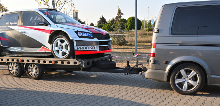 Gdansk, Poland - August 12, 2022: Race car on tow truck for emergency car move