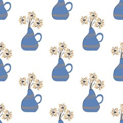 Pattern with ceramic vases of flowers. Designed for textile fabrics, wrapping paper.
