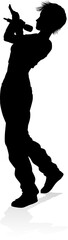 A woman singer pop, country music, rock star or even hiphop rapper artist vocalist singing in silhouette