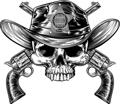 Skull cowboy Jolly Rojer wearing hat with a pair of crossed pistols drawn in a vintage retro woodblock engraved style