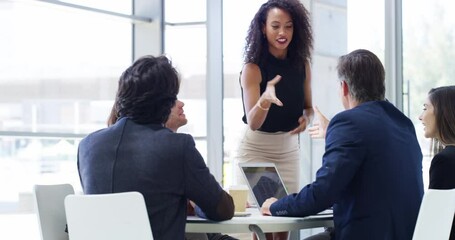 Planning, innovation and handshake during meeting between corporate team for introduction and to welcome b2b proposal on a tablet. Female leader sharing growth strategy with marketing research