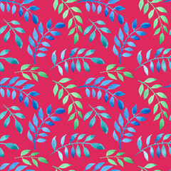 Fototapeta na wymiar Seamless pattern of Leaves painted with watercolors on a pink background. For fabric, sketchbook, wallpaper, wrapping paper.