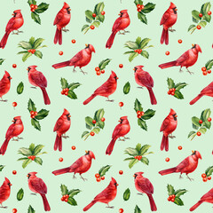 Seamless pattern with birds, leaves and holly berries, hand drawn watercolor red cardinal