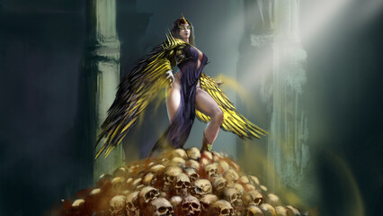 A beautiful harpy stands on a mountain of skulls, she has gilded wings and armor, her body is covered with a blue dress, she herself uses magic. Digital drawing style, 2D illustration