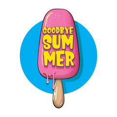 vector goodbye summer vector concept illustration with cartoon funny hand drawn pink ice cream isolated on white. End of summer funky doodle label or background