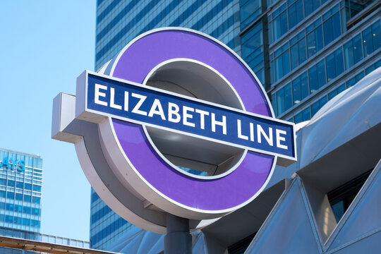 London, UK. 11th August 2022. The iconic London Underground tube station sign for the Elizabeth Line at Canary Wharf, which opened as Queen Elizabeth II celebrated her Platinum Jubilee.