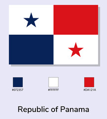 Vector Illustration of Republic of Panama flag isolated on light blue background. Illustration National Republic of Panama flag with Color Codes. As close as possible to the original.