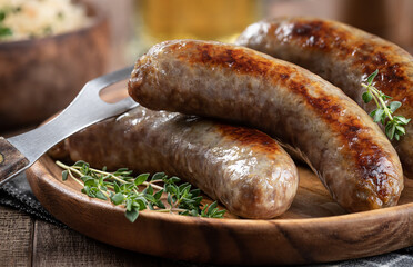 Fried bratwurst garnishrd with thyme