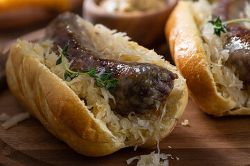 Bratwurst and sauerkraut on a bun