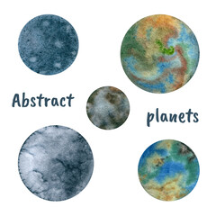 Watercolor abstract planets isolated on white background.