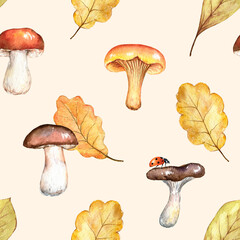 Watercolor mushrooms and fall leaves seamless pattern. Hand painted illustration. Cute autumn design. Beautiful natural background. Forest wallpaper, botanical texture print.