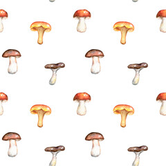 Watercolor mushrooms seamless pattern. Hand painted illustration. Cute autumn design. Beautiful natural background. Fall forest wallpaper, botanical texture print.