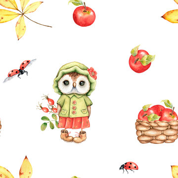 Beautiful fall seamless pattern with cartoon owl, red apples. Invitation card design. Cute hand painted illustration. Forest baby character.