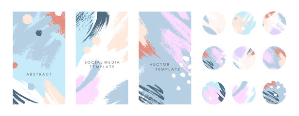 Bundle of editable artistic insta story templates and highlights covers.Vector layouts with brush strokes and textures.Abstract IG backgrounds.Trendy design for social media marketing.SMM pack