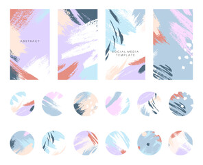 Fototapeta na wymiar Bundle of editable artistic insta story templates and highlights covers.Vector layouts with brush strokes and textures.Abstract IG backgrounds.Trendy design for social media marketing.Social media kit