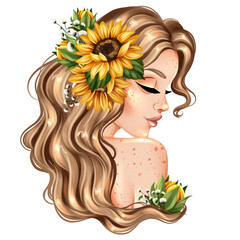 Beautiful cartoon girl portrait close up. Girl with sunflower drawing