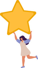 Happy and satisfied vector customer flat woman people is holding review star over her head. Five stars rating. Customer review rating and client feedback concept. Modern illustration