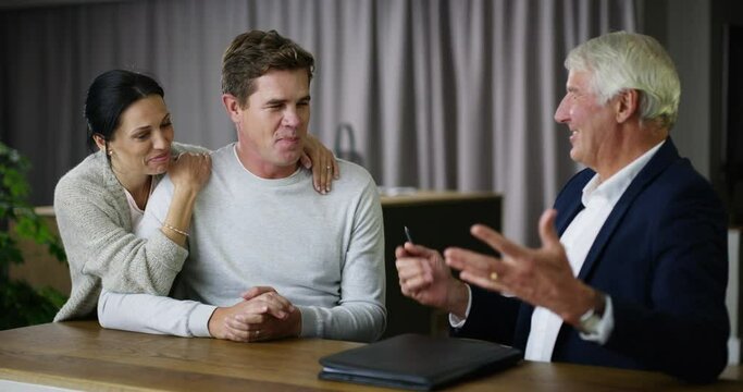 Married couple meeting with lawyer, legal advisor and attorney for signing property agreement, investing or sharing assets. Husband and wife using handshake after consulting with mature law paralegal