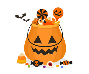 Halloween candies in pumpkin. Trick or treat halloween pumpkin basket with sweets and candy. Vector illustration isolated on white background.