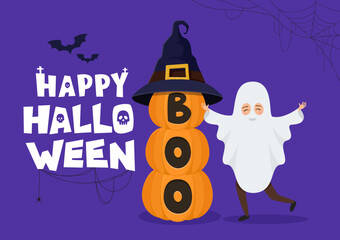 Happy Halloween. Kid character dressed as a ghost cotume. Pumpkins with text boo. Vector illustration.
