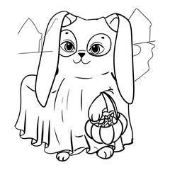 Little bunny in a ghost costume. Sweets trip. Halloween. Coloring book for children. Vector illustration isolated on white background.