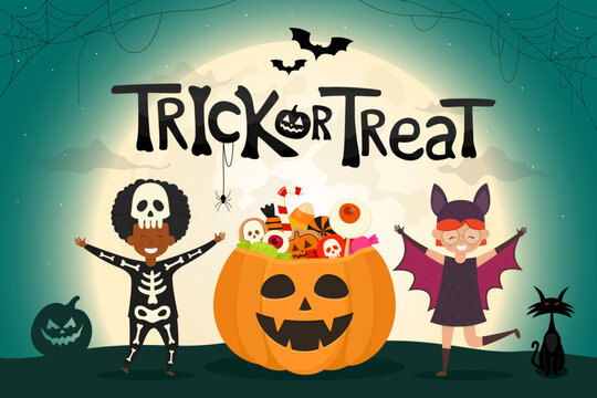 Trick or Treat. Halloween pumpkin with candies. Halloween kids costume party. Spooky night landscape. Vector illustration.