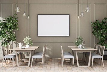 mock up poster frame in modern interior fully furnished rooms background, Cafe, Dining room,