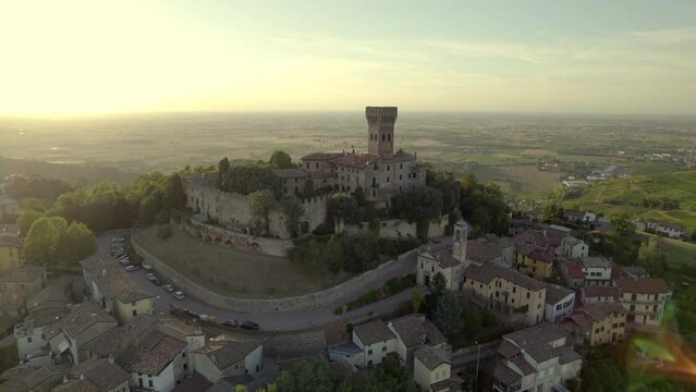 Aerial view of Cigognola Castle - vineyards and countryside in background, Oltrepo Pavese, Pavia, Lombardy, Italy