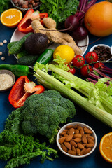 Clean vegan eating food vegetables background copy space selective focus