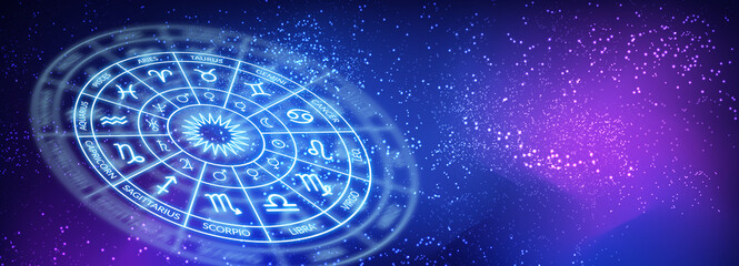 Zodiac circle on the background of a space. Astrology. web banner. copy space
