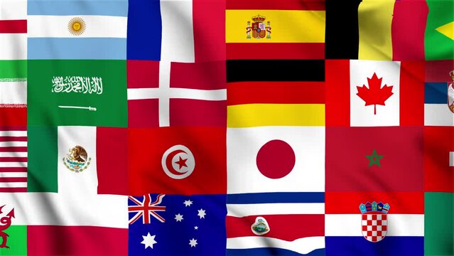 The national flags of the 32 teams selected for the Football World Cup Qatar 2022 are displayed flying over a white background. Graphics resources. Panning shot 4k Video.