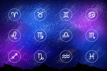 Twelve signs of the zodiac on the background of the space. The ancient secret science of astrology. Esoteric knowledge.
