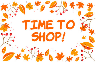  sign time to  autumn shopping concept, products from e-shop or digital store, vector flat graphic illustration with autumn leaves background