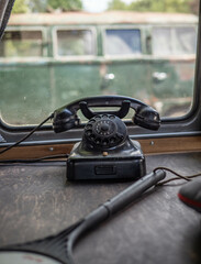 The old telephone set  against window