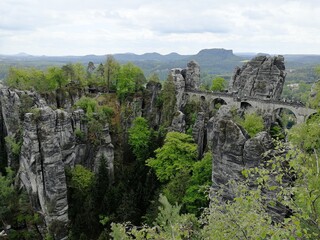 The Bastei bridge, Saxon Switzerland National Park, Germany,The Bastei is a rock formation rising...