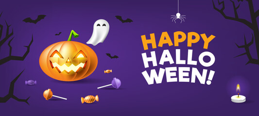 Happy Halloween Banner with Scary Pumpkin and Trick or Treat Candies Background. Vector Illustration. Landscape