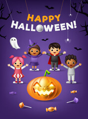 Happy Halloween Banner together with Scary Pumpkin and Trick or Treat Kids with Candies Background. Vector Illustration.