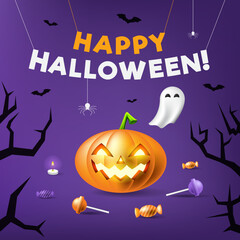 Happy Halloween Banner with Scary Pumpkin and Trick or Treat Candies Background. Vector Illustration.