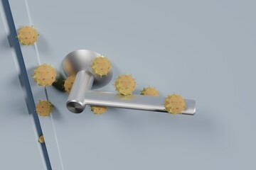 things and objects in everyday life and human life through which germs and viruses spread, door handle in an apartment in a room or house with hand and finger with 3d rendering virus
