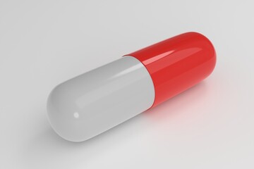 tablet on a light blue surface, multi-colored white-red glossy pill lying on the table, medical background, 3D rendering