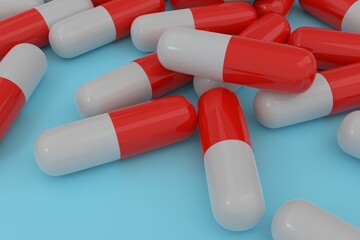 tablet on a light blue surface, multi-colored white-red glossy pill lying on the table, medical background, 3D rendering