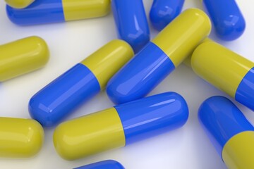 tablet on a light blue surface, multi-colored white-red glossy pill lying on the table, medical background, 3D rendering