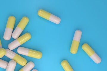 tablet on a light blue surface, multi-colored white-yellow glossy pill lying on the table, medical background, 3D rendering