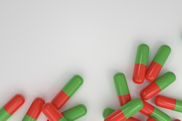 tablet on a light surface, multi-colored green-red glossy pill lying on the table, medical background, 3D rendering