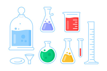 Set of laboratory glass modern icon. Different types of lab flask icons with liquid.