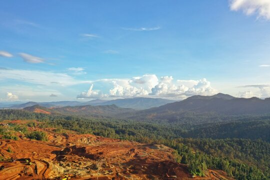 Kendari - Indonesia, June 1, 2022: Beautiful landscape view at the Nickel Mining Company (PT. Tiran Indonesia Site Lameruru, North Konawe, Southeast Sulawesi).