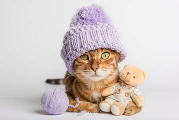 Domestic cat with a teddy bear and a ball of thread.