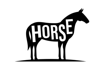 Horse black silhouette with lettering. Horse symbol. Stallion silhouette. Farm animal icon isolated on white background.