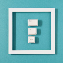 Control, alt and delete retro keys with white frame. Crisis, recession minimal concept.